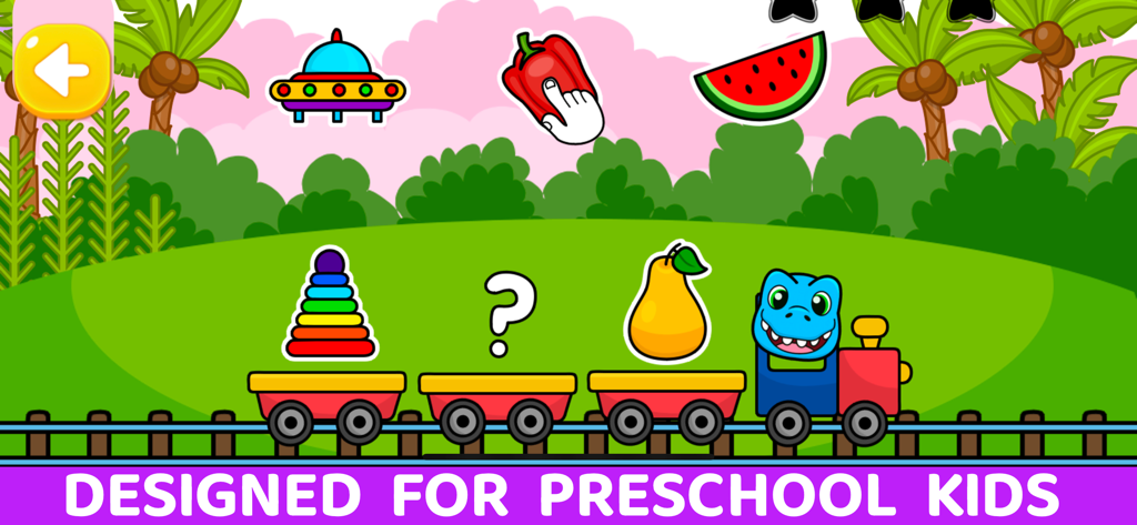 Dinosaur Games For Kids 2-7 - Educational game screen featuring a blue dinosaur on a train with colorful sorting objects for preschool kids