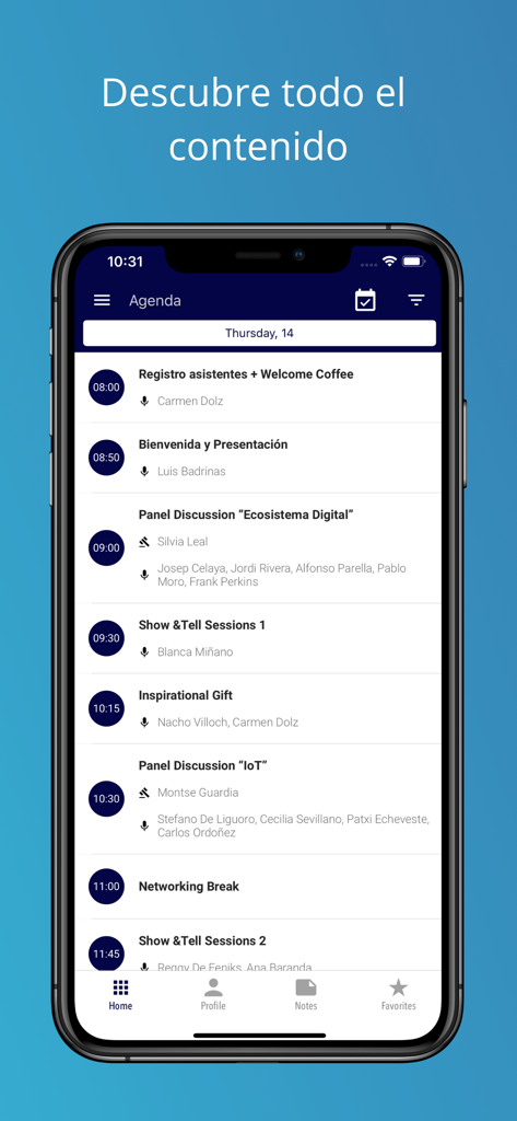 Eventsbox by Meetmaps - Eventsboxアプリのインターフェースに詳細なカンファレンスのアジェンダとスケジュールが表示されています