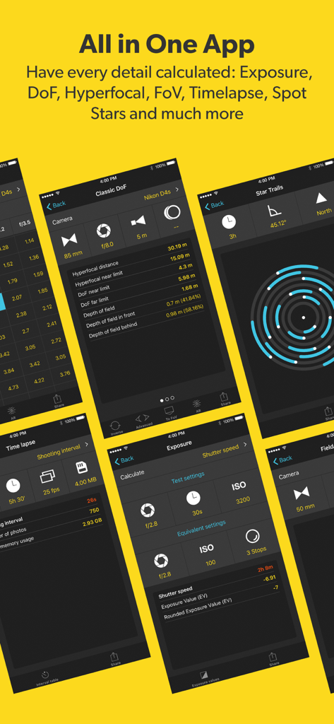 A collection of mobile screens from the PhotoPills app showing professional photography calculators for Depth of Field, Star Trails, and Exposure.