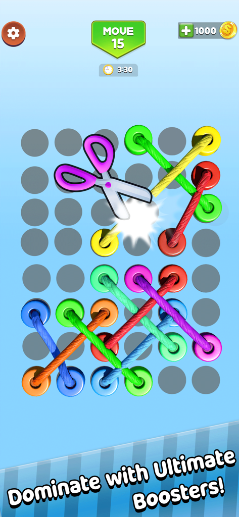 Twisted Puzzle Tangle Rope 3D - Gameplay of Twisted Puzzle Tangle Rope 3D showing a scissor booster cutting through tangled ropes