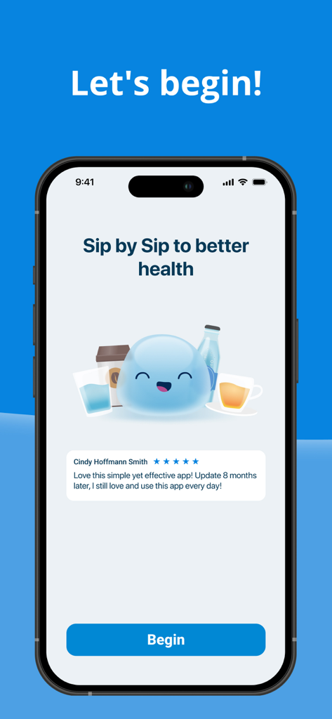 Water Time app onboarding screen featuring a cute water drop mascot and various drink icons