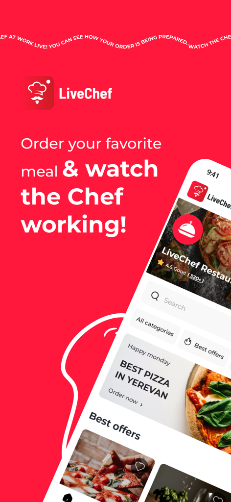 LiveChef Online Restaurant - Pantalla de la aplicación móvil LiveChef para pedir comida gourmet y ver a chefs preparar comidas en vivo