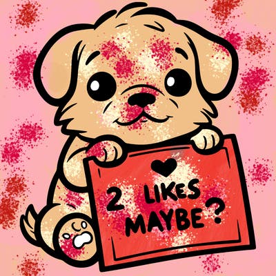 a puppy holding a sign that says 2 likes maybe?