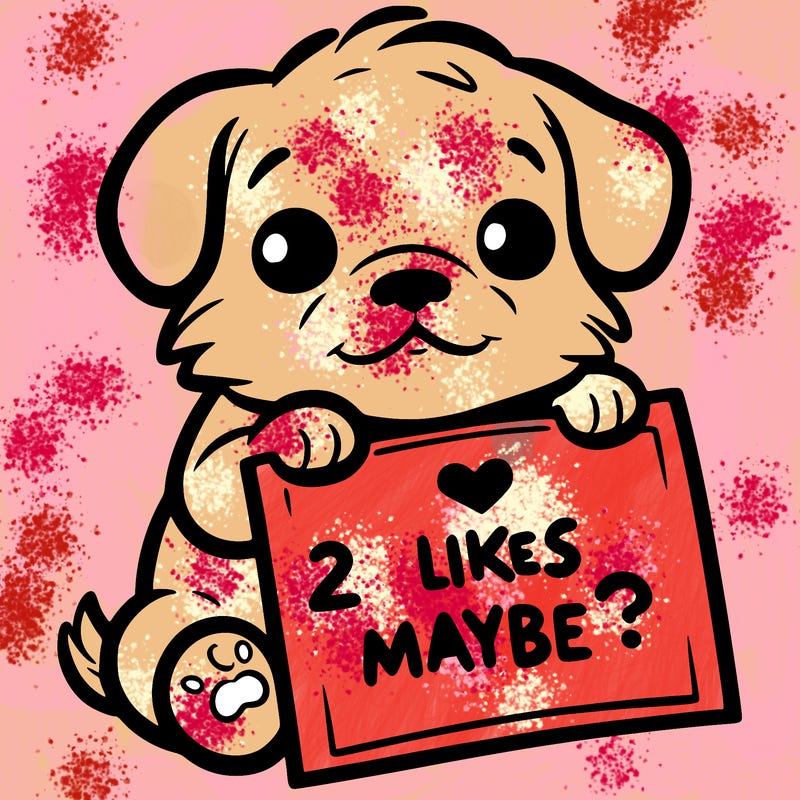 a puppy holding a sign that says 2 likes maybe?