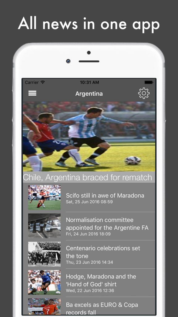 Football News International Edition app screenshot showing a news feed for the Argentina national team