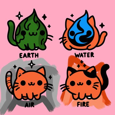 4 cats that represent the different elements, earth, water, air, and fire