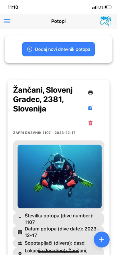 SPZ App - Mobile app interface showing a detailed scuba diving log entry with location and dive statistics