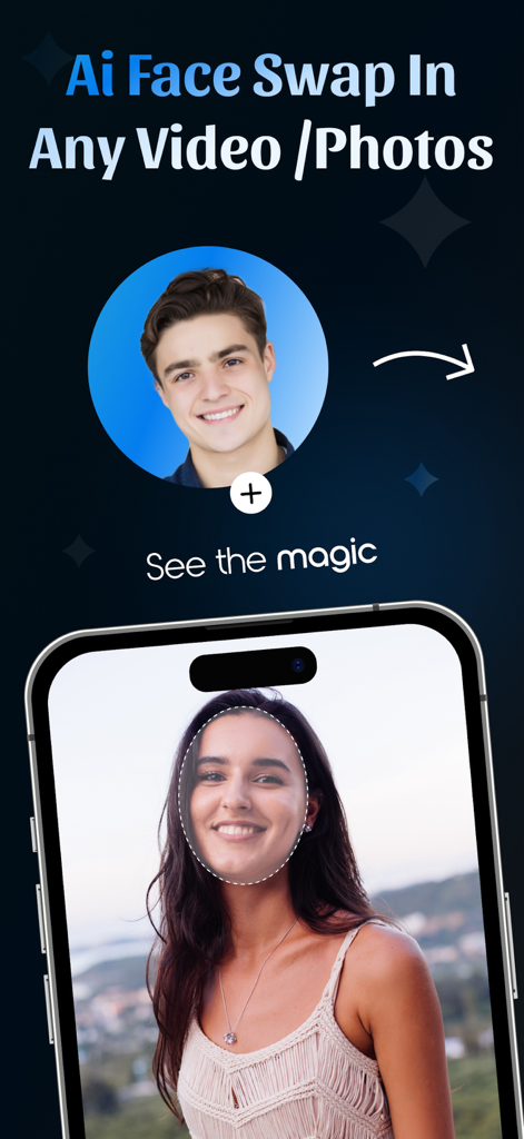 AI Face Swap Video & Photo App - Screenshot of AI Face Swap app showing a face selection for a photo swap demo