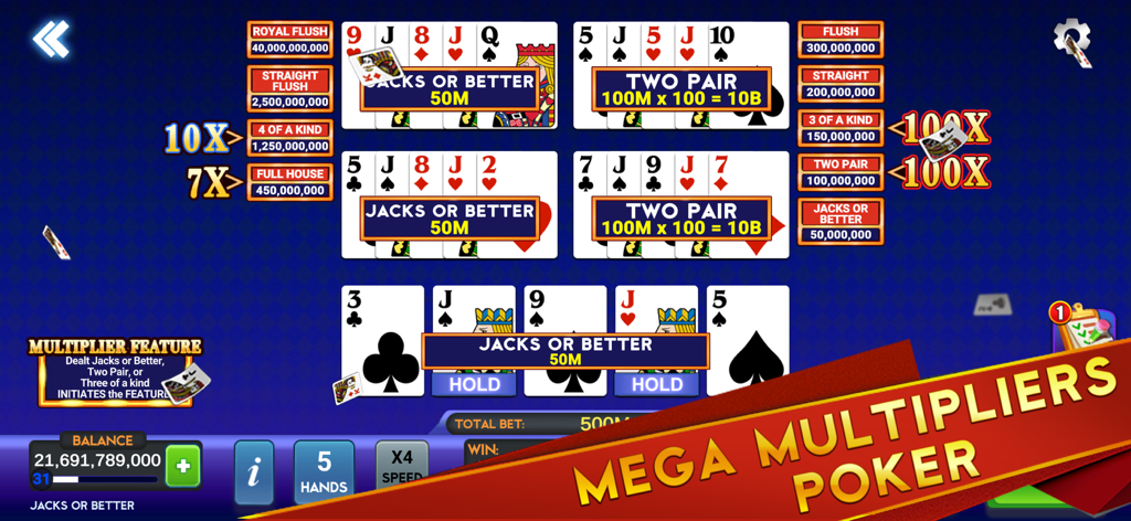 Gameplay of multi hand video poker with mega multipliers and Jacks or Better winning hands