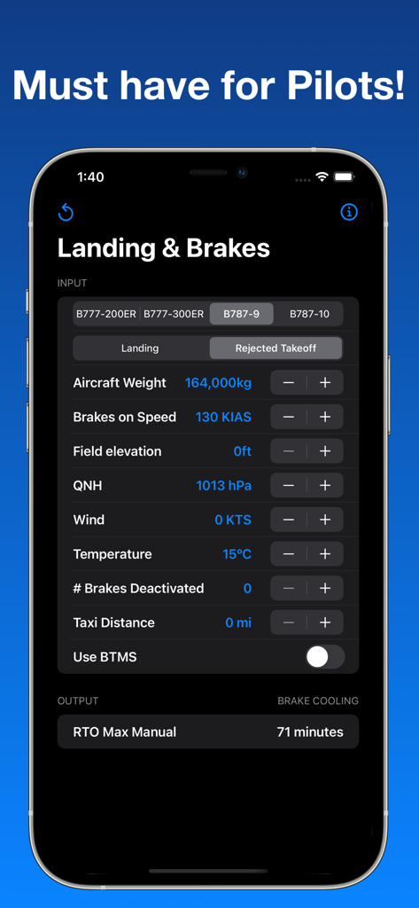 B777/787 Landing & Brake Tool - Interface of the B777 and 787 Landing and Brake Tool app for pilots