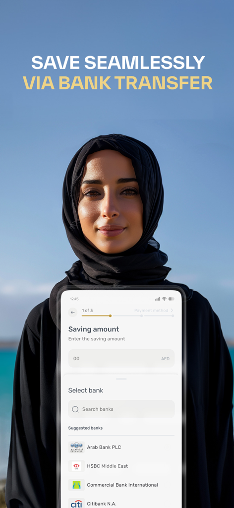 A woman wearing a hijab holding a smartphone showing the National Bonds app interface for saving via bank transfer with a list of banks.