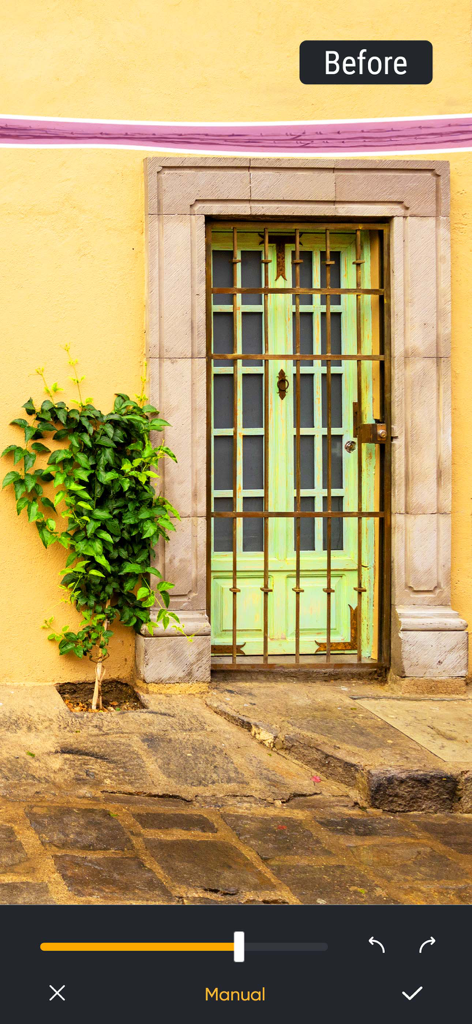 Una interfaz de aplicación de edición de fotos que muestra una línea seleccionada para eliminar en una imagen de una puerta