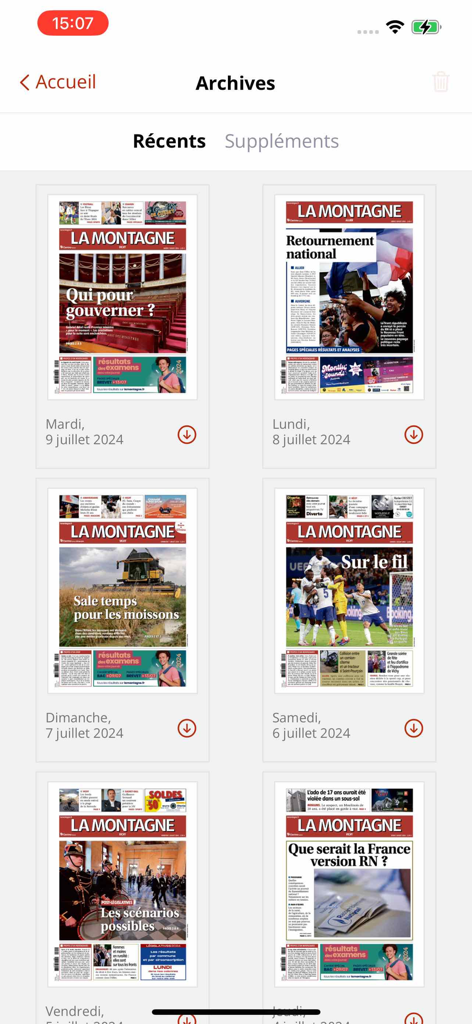 Archive screen of the Centre France app showing covers of La Montagne newspaper issues for download
