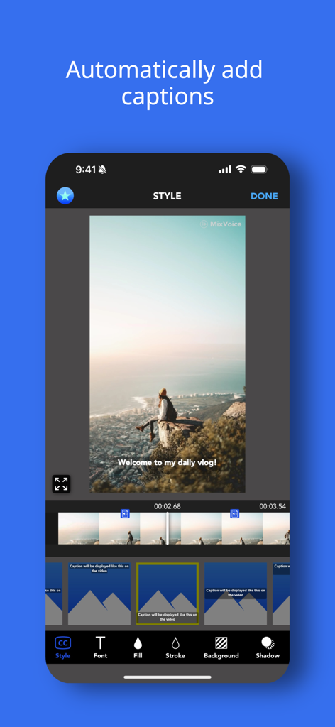 Interface do aplicativo MixVoice mostrando a geração automática de legendas e estilo de texto para um vídeo de vlog de viagens