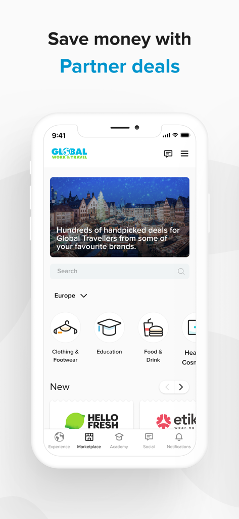 Marketplace de la app Global Work and Travel que muestra ofertas exclusivas de socios para ropa, educación y comida