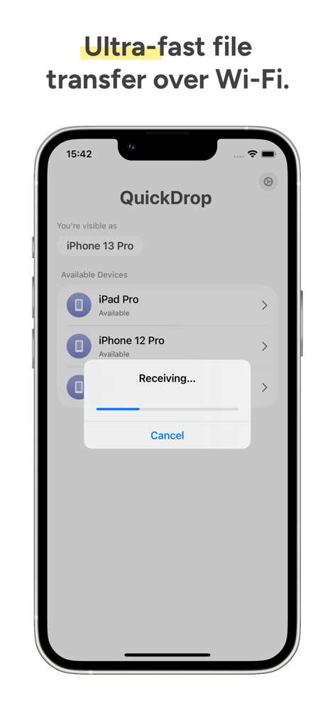 QuickDrop - Share from Android - Interfaz de la aplicación QuickDrop en un iPhone que muestra una barra de progreso de transferencia de archivos y una lista de dispositivos disponibles.