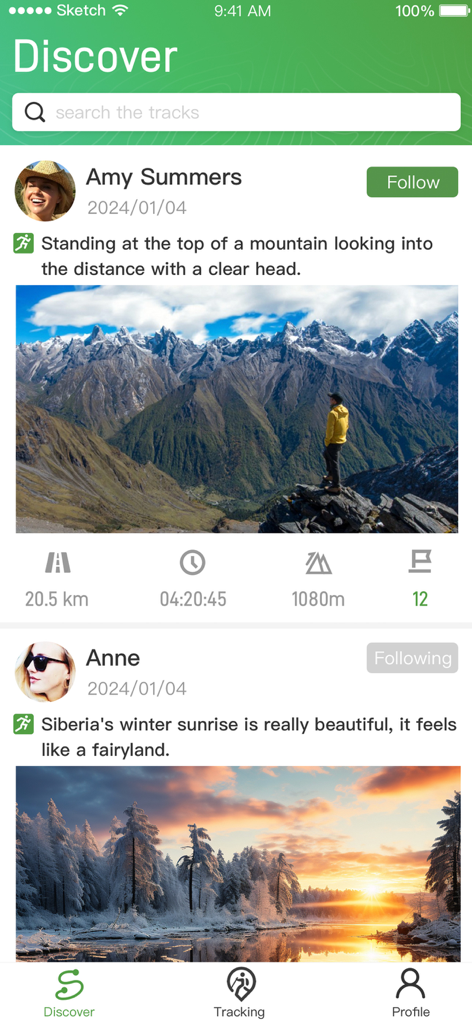 AllTracks - Discover screen of the AllTracks app showing a feed of outdoor tracks shared by users with photos and trail statistics like distance and elevation gain.