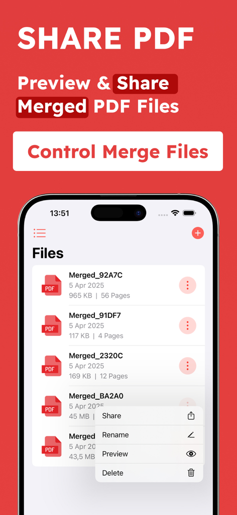 Combine & Merge PDF Converter - App-Oberfläche, die eine Liste zusammengeführter PDF-Dokumente und Freigabeoptionen anzeigt.