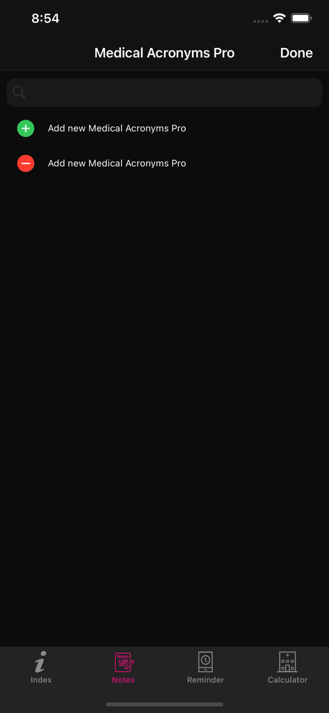 Notes section of the Medical Acronyms Pro app showing options to add or manage entries.