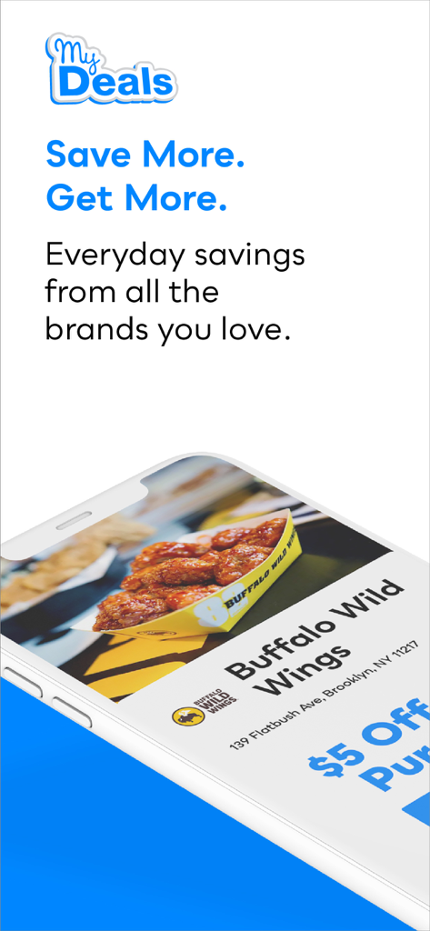 My Deals Mobile - My Deals Mobile app screen featuring a restaurant discount for Buffalo Wild Wings