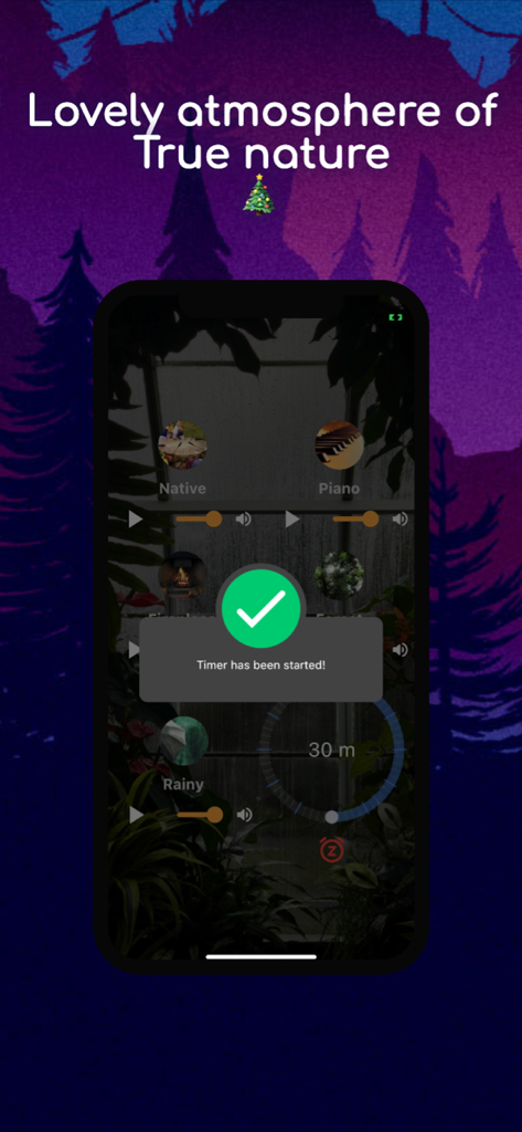 Nature Sounds : Relax & Calm - Pantalla de smartphone que muestra la app Sonidos de la Naturaleza Relájate y Descansa con una confirmación de temporizador de sueño y controles de mezcla de sonido.