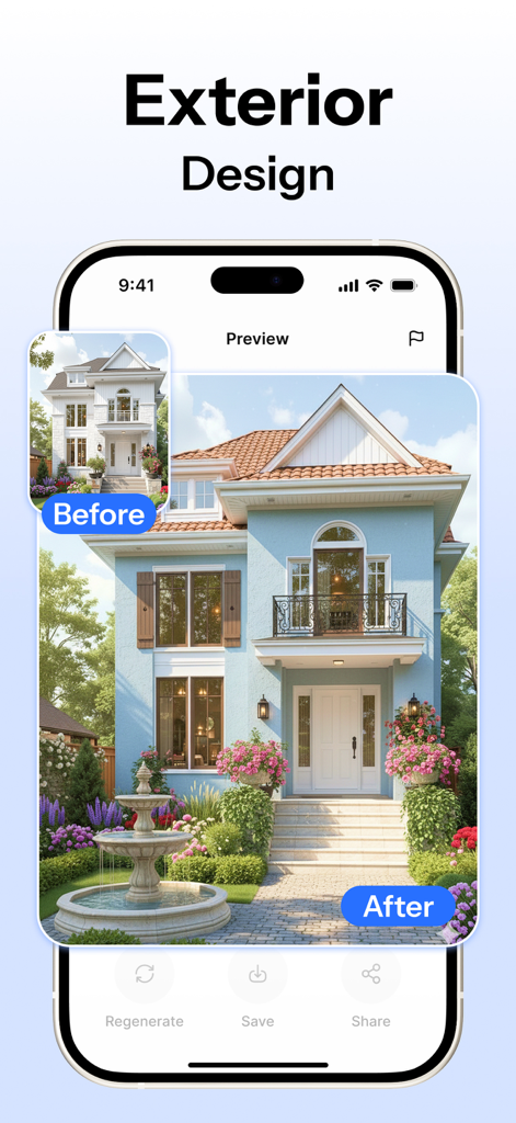 HomeMagic: AI Interior Design - A before and after comparison of a house exterior redesigned with AI