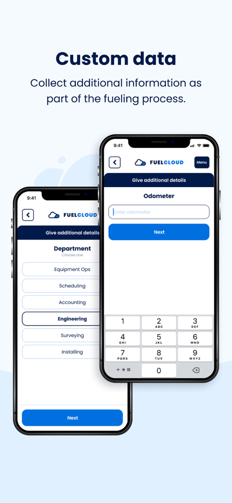 FuelCloud - FuelCloud app screens showing options to enter custom data like department and odometer readings during the fueling process