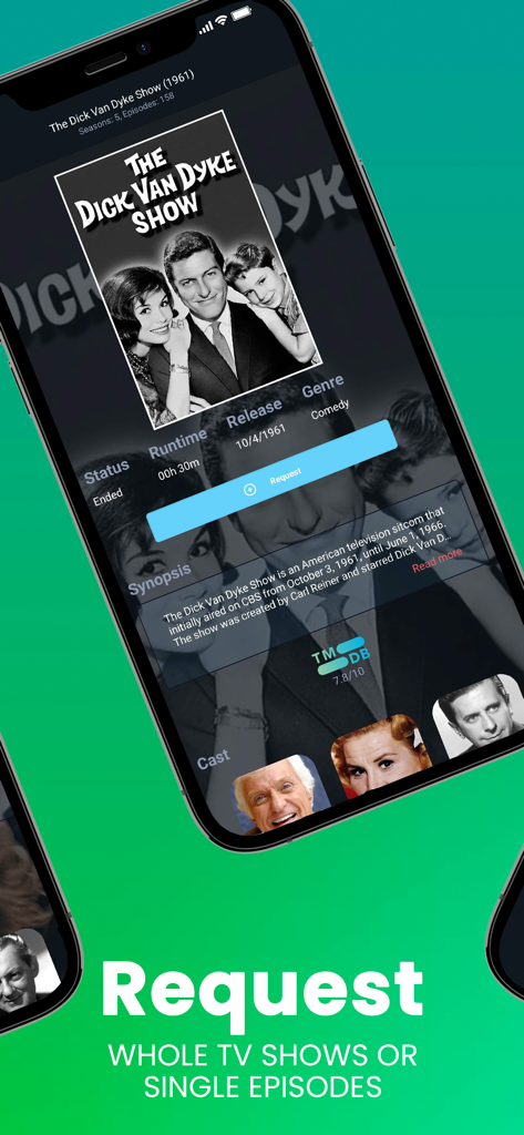 Ombi mobile app screen displaying TV show details and a button to request whole shows or single episodes