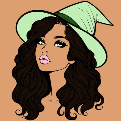 realistic witch girl with wavy hair and lips