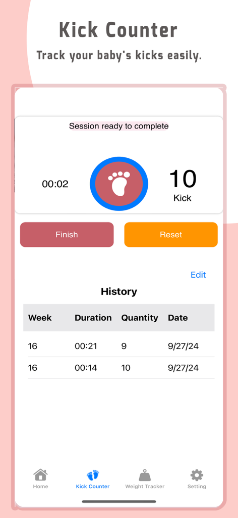 DueDate:Pregnancy week by week - La pantalla del contador de patadas de la aplicación de embarazo DueDate que muestra un resumen de la sesión y el registro del historial