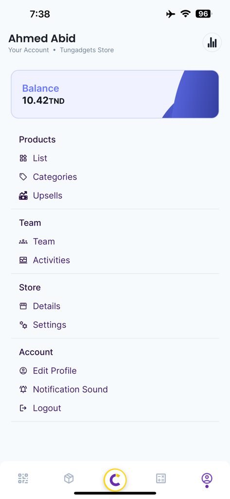 제품 팀 및 설정 관리를 위한 스토어 잔액 및 관리 메뉴가 있는 Converty Shop 계정 대시보드