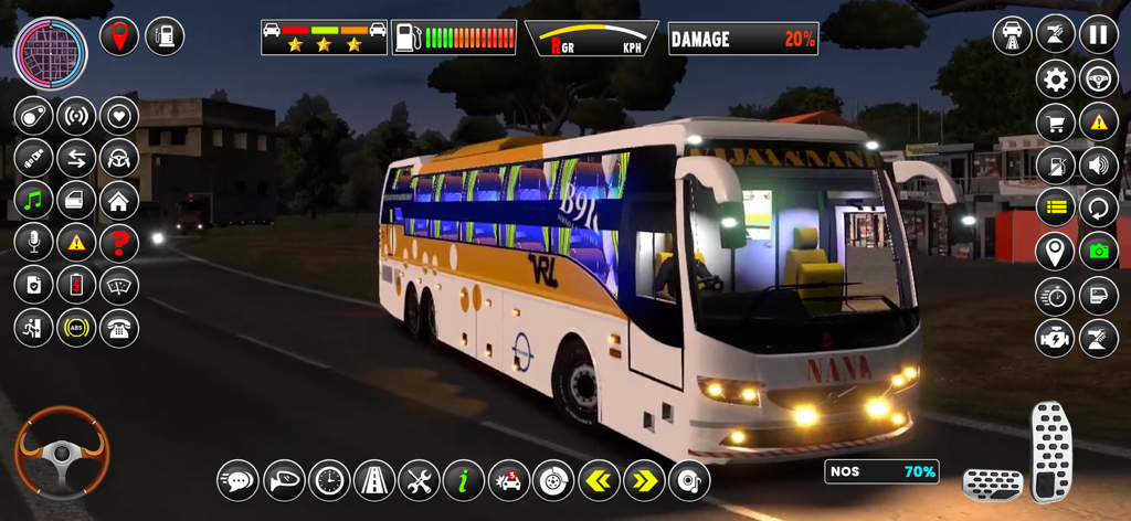 Public Transport Bus Games 3D - Una simulación 3D de un autobús de pasajeros conduciendo por una carretera por la noche con una detallada interfaz de control