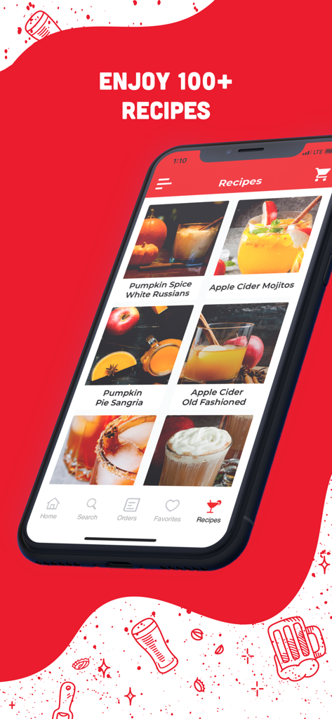 A smartphone showing the recipes screen of the BottleRover app with various cocktail images and titles like Apple Cider Mojitos