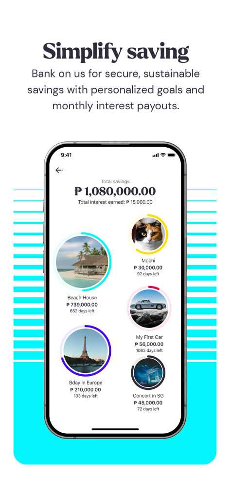 GoTyme Bank - GoTyme Bank app interface showing personalized savings goals and balance