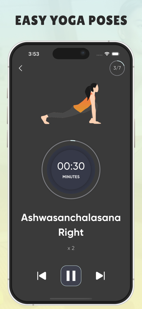 Yoga for Beginner Weight Loss - Easy yoga pose demonstration with a timer in the Yoga for Beginner Weight Loss app interface