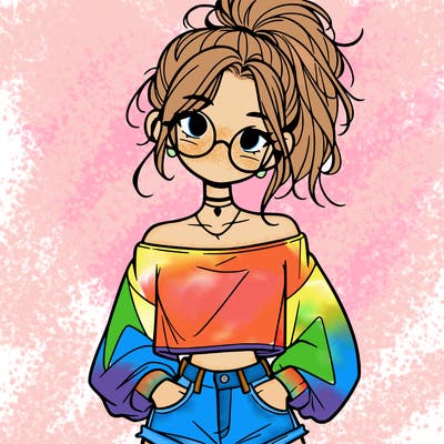 girl with a messy ponytail glasses a baggy crop top and jean shorts