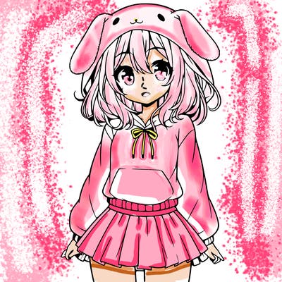 pretty anime girl wearing a fluffy hoodie with bunny ears on the hood and a skirt
