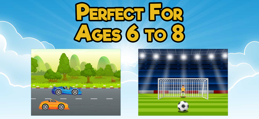 Educational games for kids ages 6 to 8 featuring racing and soccer themes