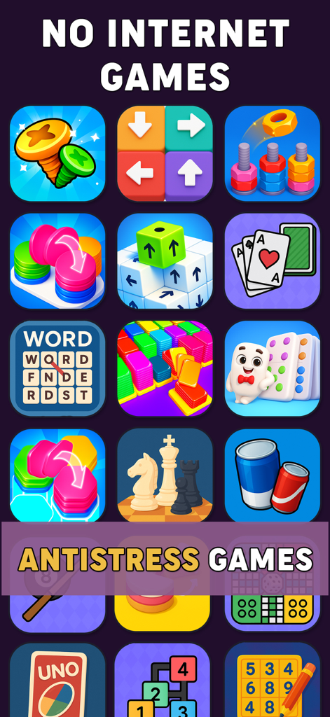 A grid of icons representing various offline puzzle and antistress mini games