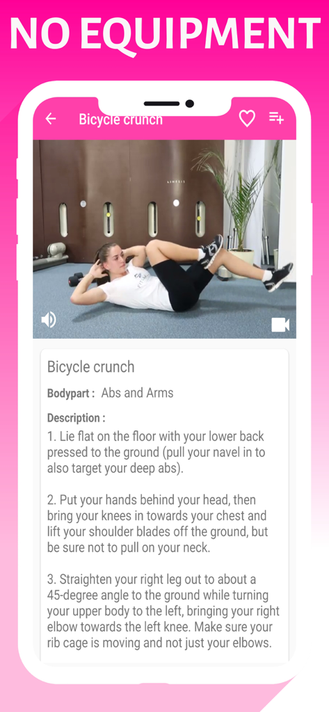 Pro Women Workout: Lose Weight - Bicycle crunch exercise tutorial with video demonstration and step-by-step instructions in the Pro Women Workout app.