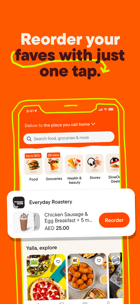 talabat: Food, grocery & more - Talabat mobile app interface displaying a one tap reorder button for a previous food delivery order