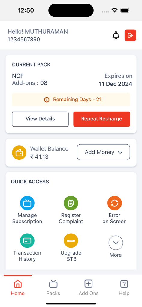 My Sun Direct App - My Sun Direct app home screen displaying account balance and subscription details