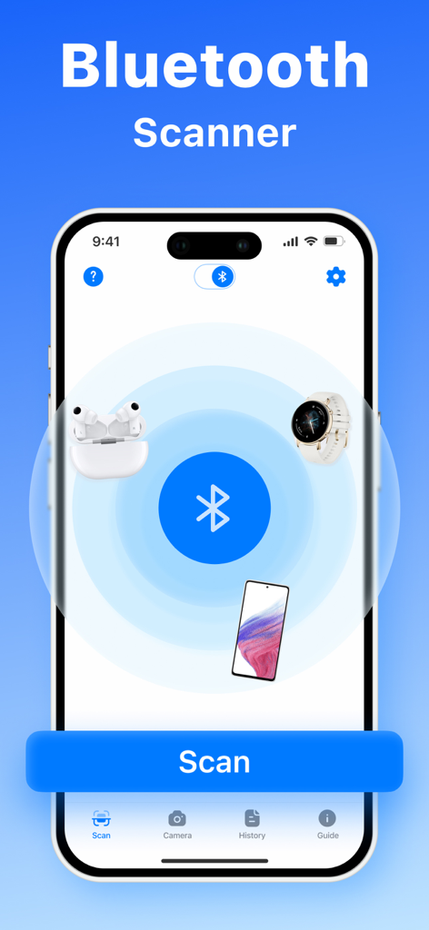 Hidden Spy Camera Detector App - 숨겨진 몰래카메라 탐지 앱의 블루투스 스캐너 기능이 주변 장치를 감지하는 것을 보여주는 스마트폰 화면