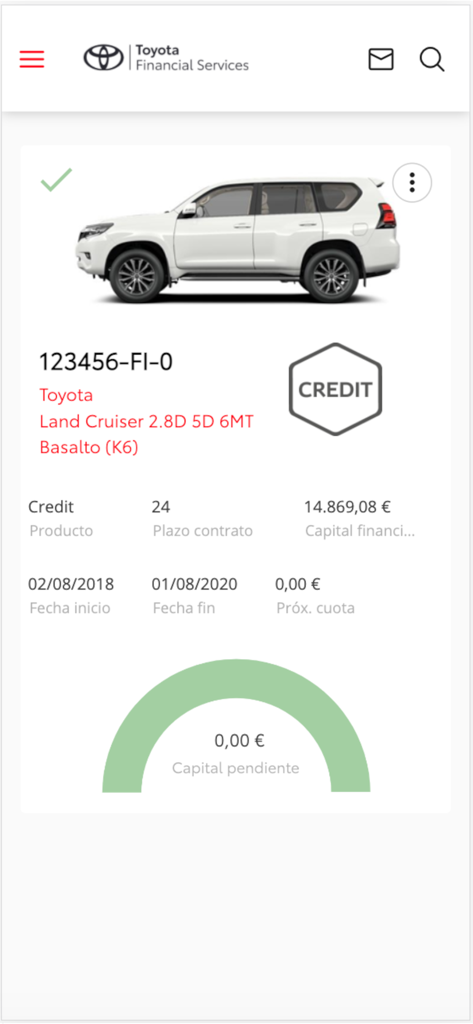 Mi Banco Toyota - Panel de la aplicación Mi Banco Toyota que muestra los detalles de financiación del coche de un Toyota Land Cruiser