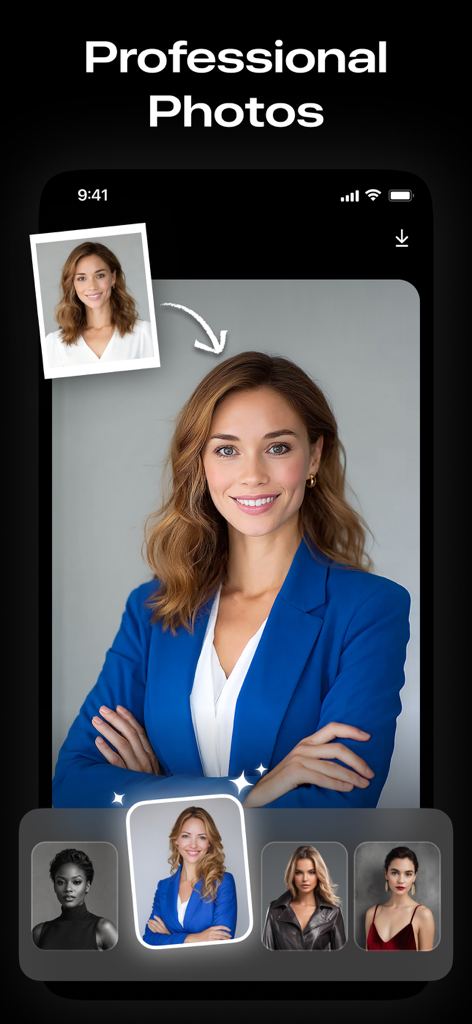 AI photo editor app transforming a casual selfie into a professional business headshot with a blue blazer