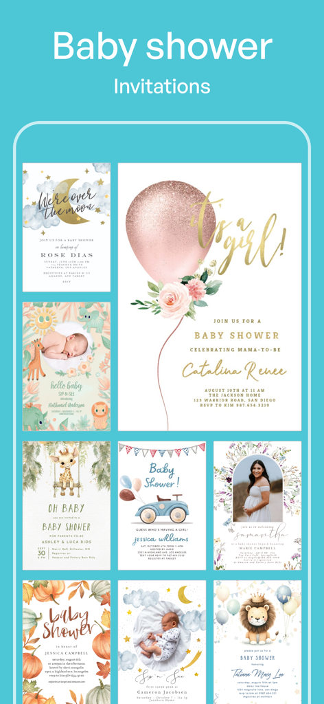 Eine Sammlung professioneller und ästhetischer Babyparty-Einladungsdesigns für Jungen und Mädchen, einschließlich Blumen- und Tiermotiven.