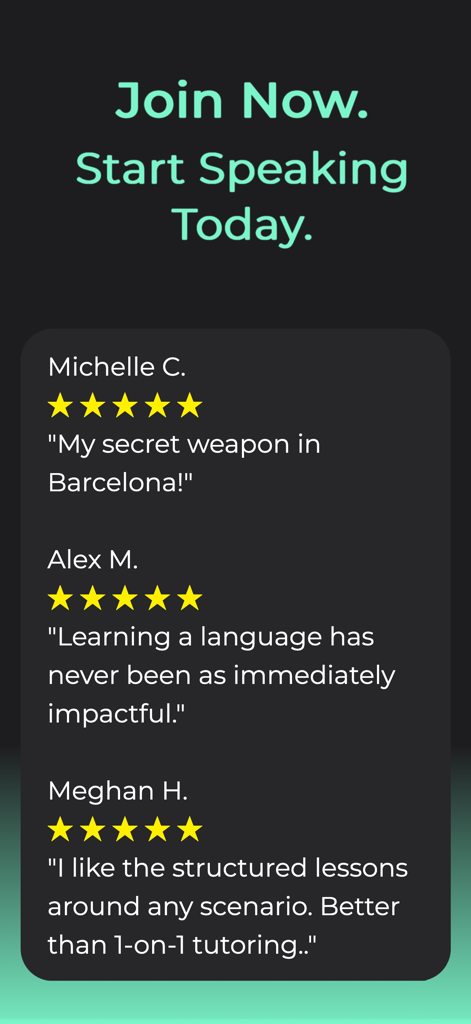PrettyFluent Language Skills - Screenshot of five star user reviews and testimonials for the PrettyFluent language learning app