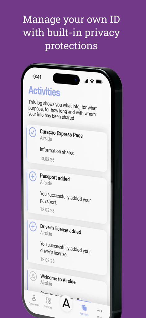 Airside Digital Identity app screen showing an activity log of shared passport and drivers license information