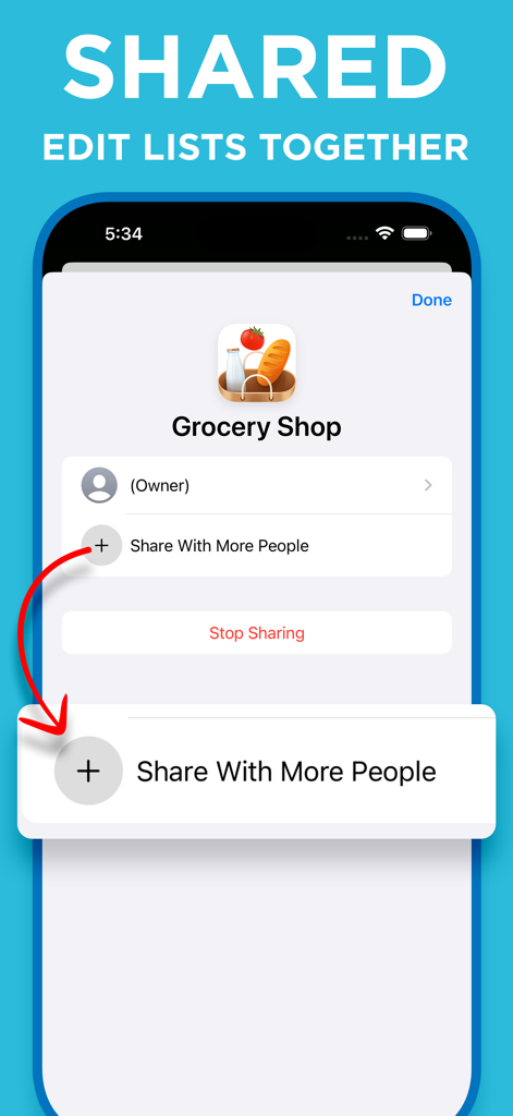 食料品買い物リストアプリの共有インターフェースのスクリーンショットで、他の人と一緒にリストを編集する方法を示しています。