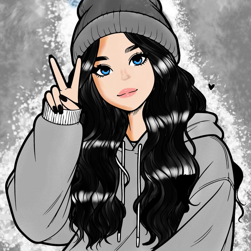 a teenage girl in a beanie, oversized sweatshirt, wavy long hair, and is showing a ✌️